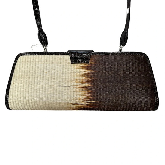 🛍️ $3/40 Le Sac Handmade Satchel Straw Leather Black  Brown Cream - Picture 4 of 6